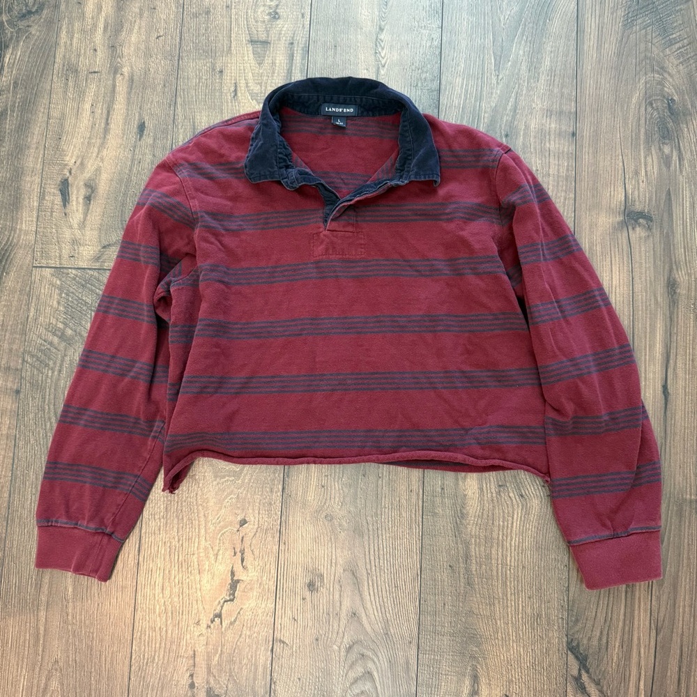 Lands' End Rugby Style Cropped Red Striped Shirt oversized size L 100% cotton